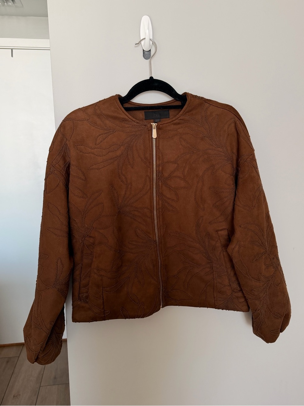 Zara Chestnut Embroidered Suede-Look Bomber Jacket